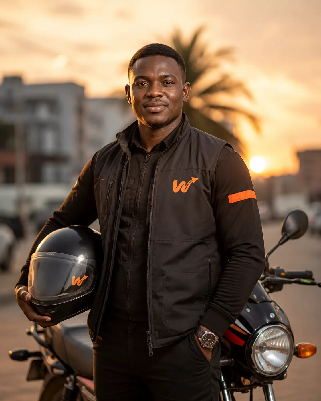 Portrait d'un livreur Wazeyi à côté de sa moto.