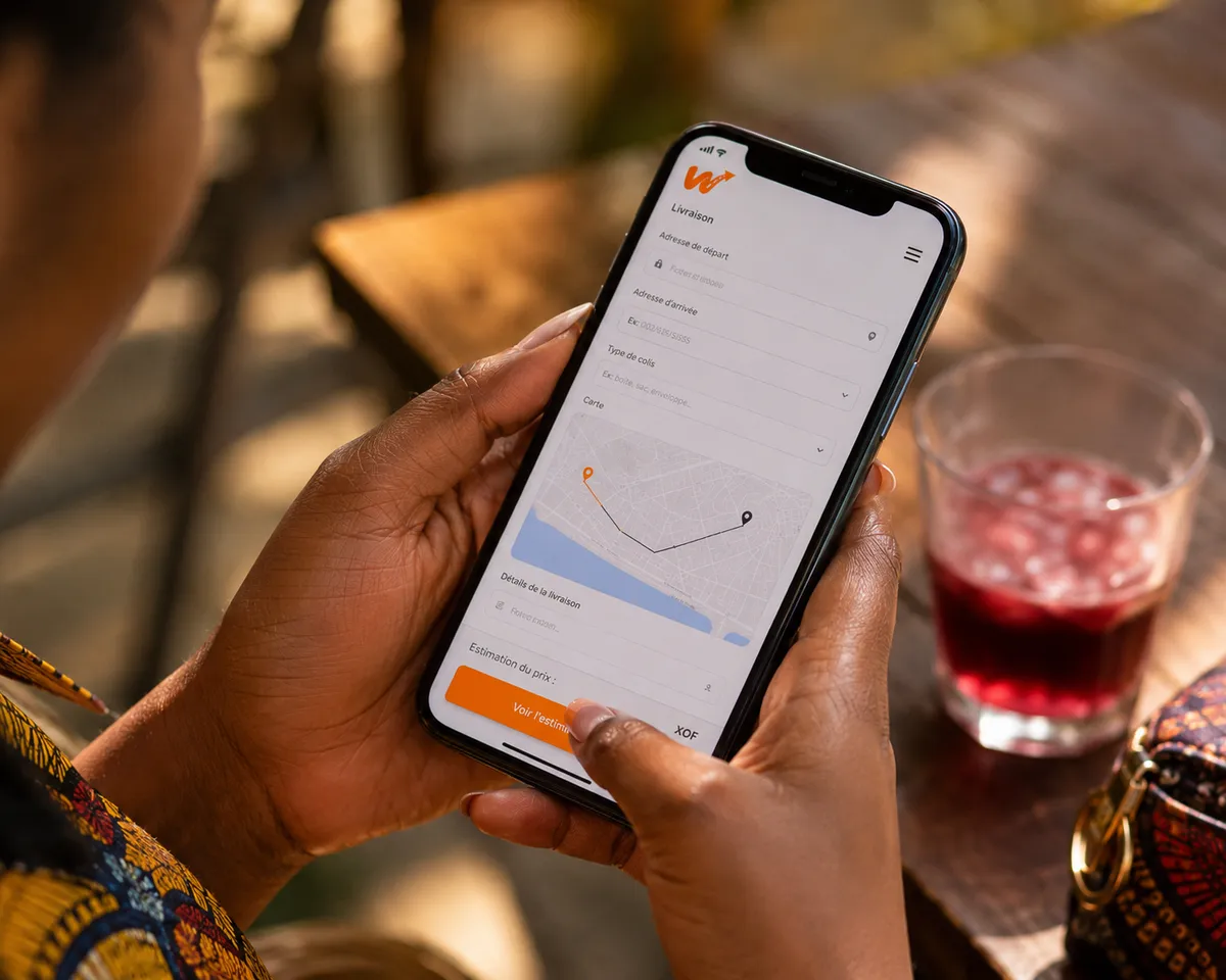 Téléphone affichant l'écran de demande de livraison Wazeyi.